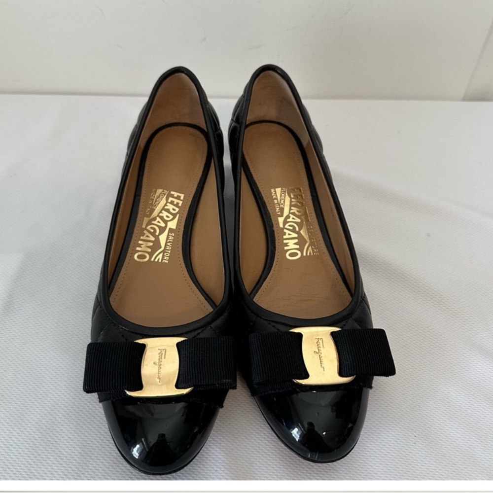 Salvatore Ferragamo Varina Quilted Bow Ballet Block Heels Size 6